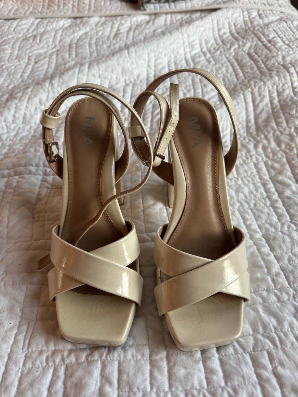 MIA Ivory Crisscross Ankle Strap Block Heels